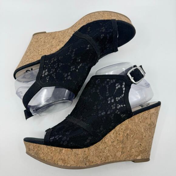 Fergalicious by Fergie Lace Peep Toe Wedge Heel Sandals Slingback Black Womens 5 - Picture 4 of 10